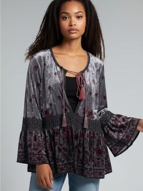 Velvet Look Floral Tassel Tie Tunic - Gray and Burgundy